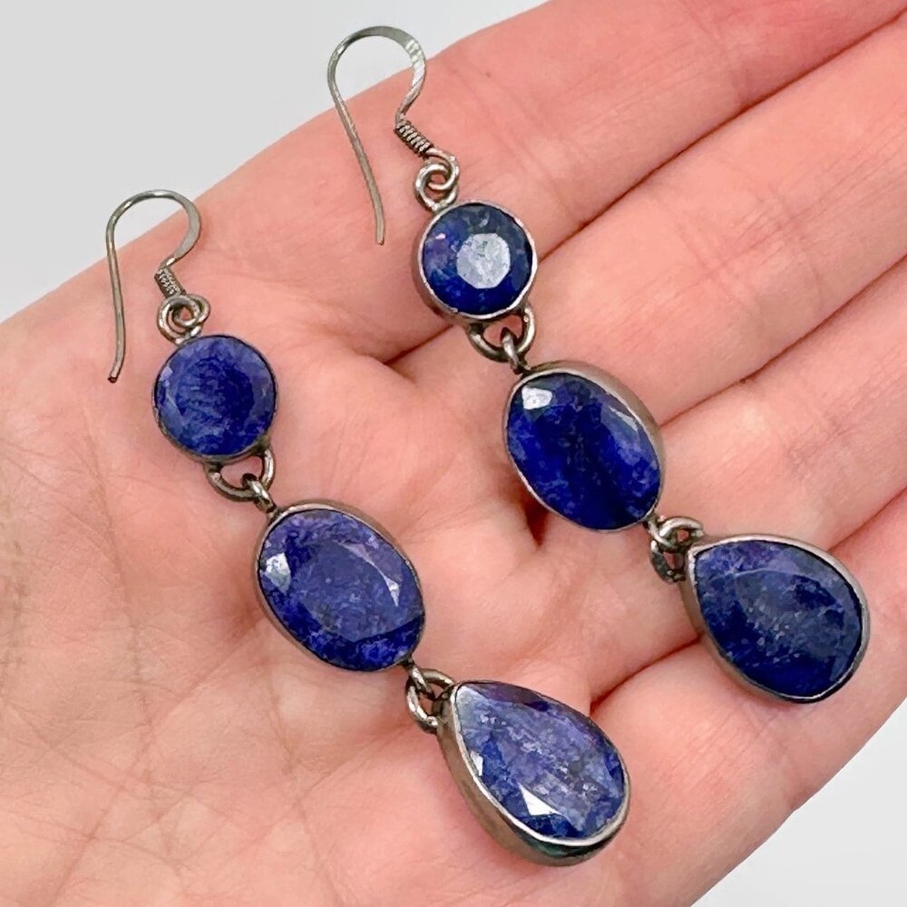 Blue Hathipada Stone Earrings: Black Silver Dangle Earrings - Picture 1 of 5